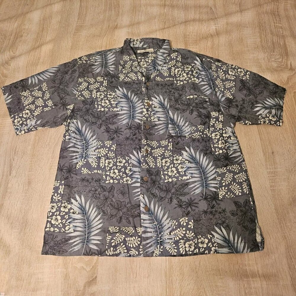 Tommy Bahama L Hawaian Shirt Blue Gray Floral Flower Button Down Silk Mens